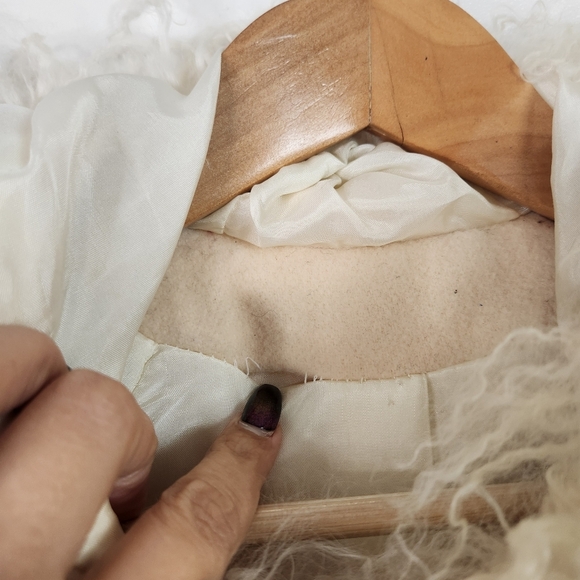 Vintage Cream White Wool Coat Jacket Fuzzy Collar Pockets Hood Lined 1990s 90s - Picture 12 of 13